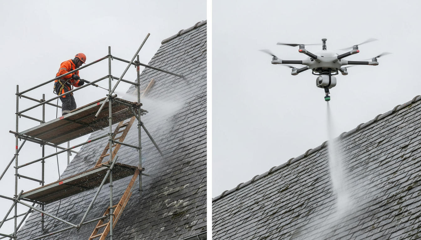 Toiture traitée par drone comparée à une intervention traditionnelle