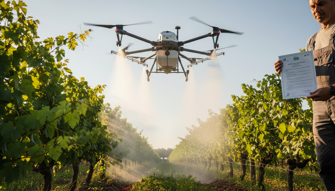 Drone agricole préparant une pulvérisation réglementée