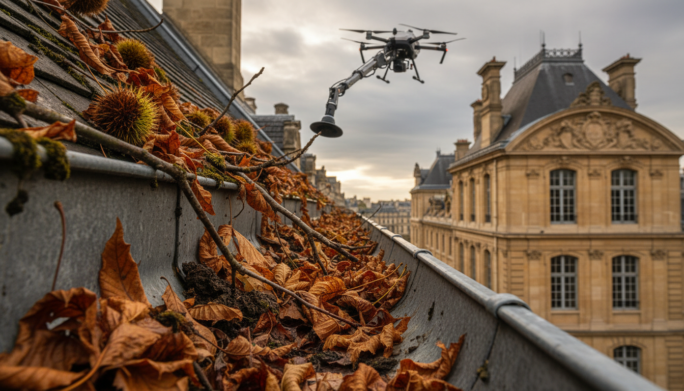 Drone près de gouttières en hauteur
