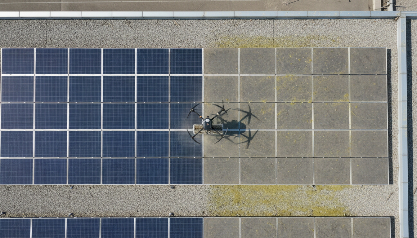 Drone intervenant au-dessus de panneaux solaires