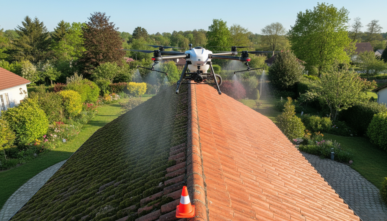 Drone nettoyant une toiture de pavillon