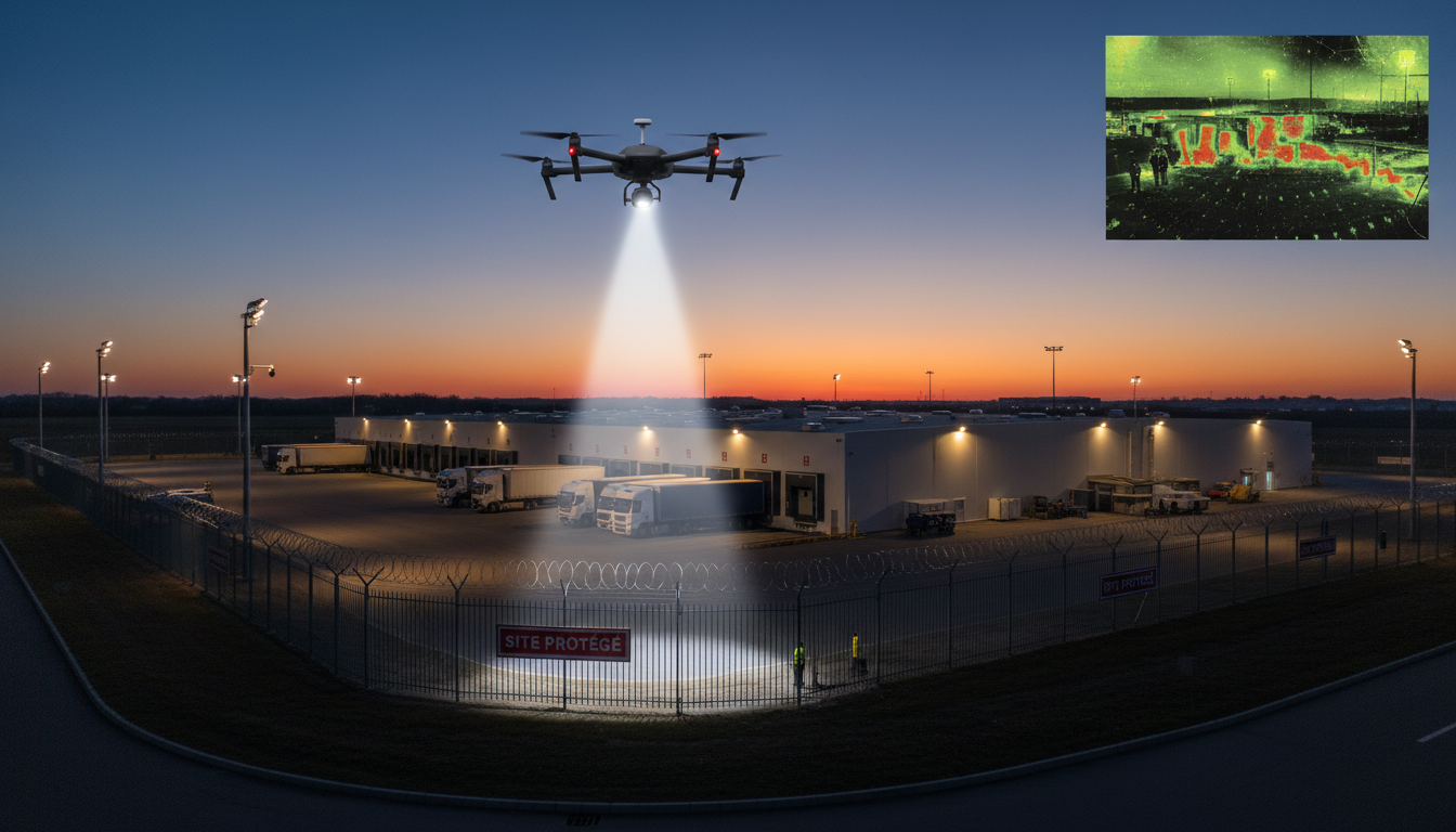 Drone de surveillance au-dessus d’un site industriel