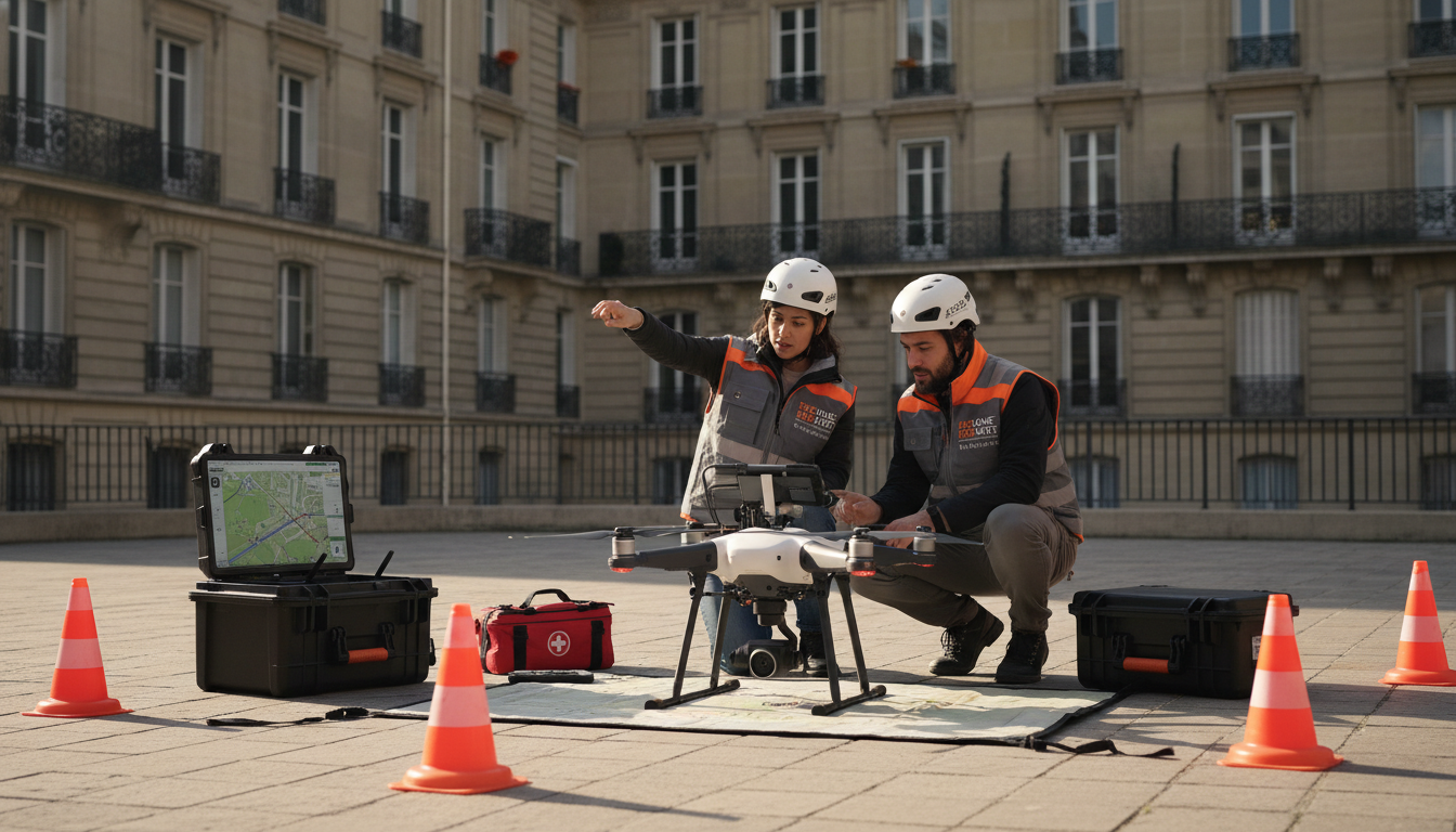 Équipe drone préparant une mission terrain