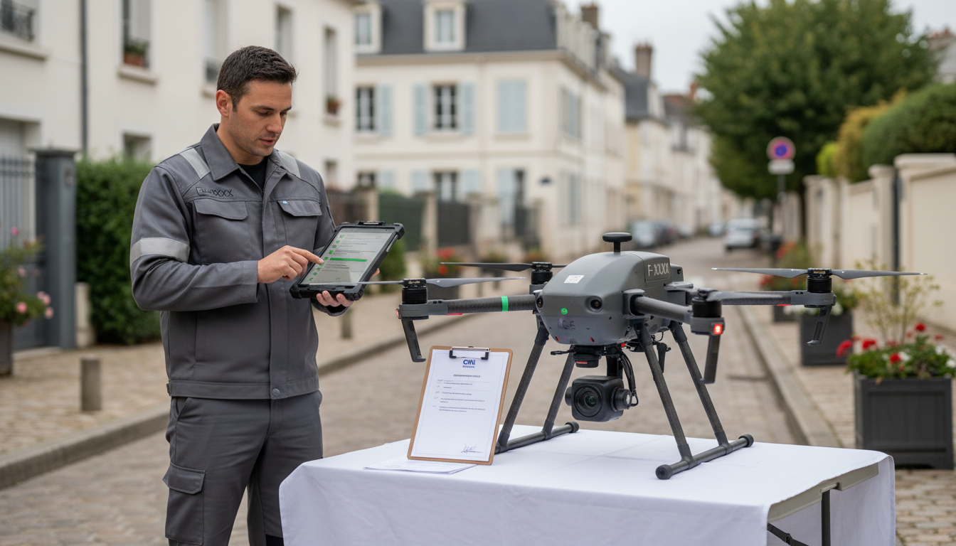 Drone en vol avec annotation de protection RGPD
