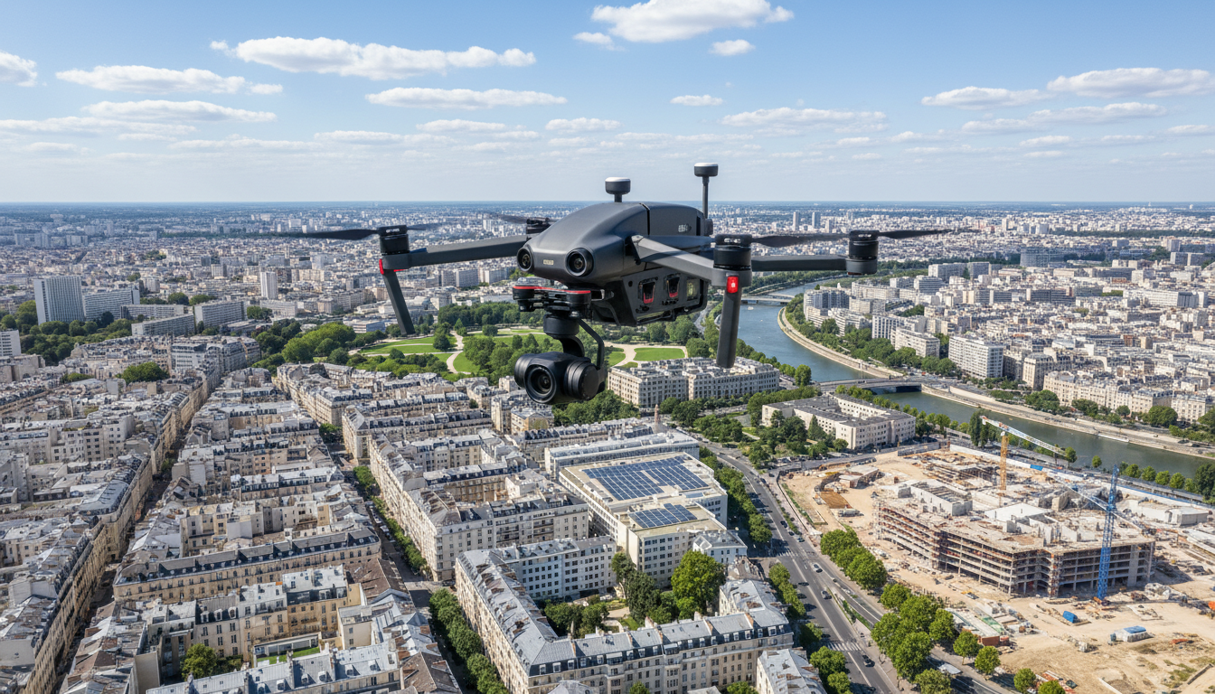 Drone professionnel en mission au-dessus d'un site